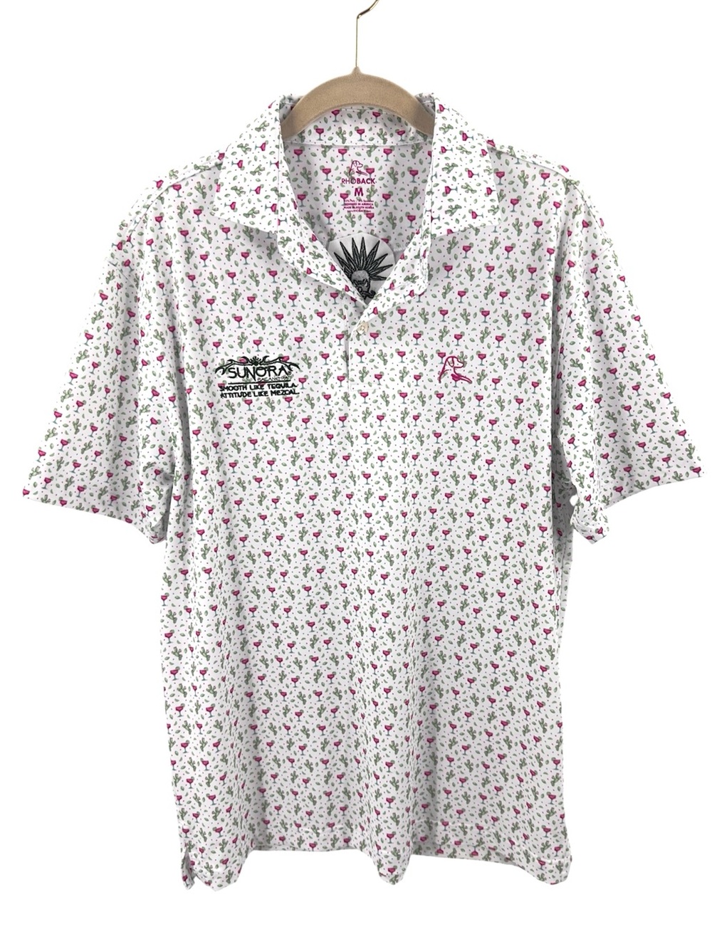 Rhoback Performance Polo Shirt Mens Medium Cactus Martini Print Golf Stretch